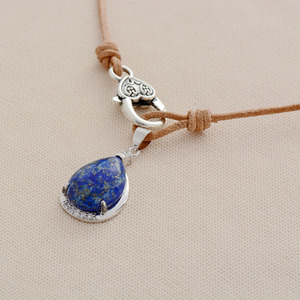 Collier en cuir avec pendentif goutte d'eau en Lapis Lazuli, serti de pierres naturelles dans un cadre en argent tibétain, bijoux de mode - Product Image 3