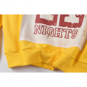 Alta calidad Heavyweight 100% algodón Streetwear Sudadera con capucha Saint Knight Letter Logo Patchwork amarillo Casual Distress Printed Hood - Product Image 1