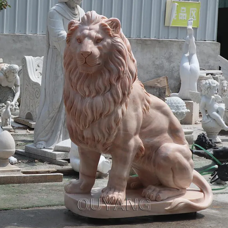 QUYANG Beautiful Sunset Red Natural Stone Carving Large Garden Animal Sculpture Marble Life Size Lion Statue Outdoor