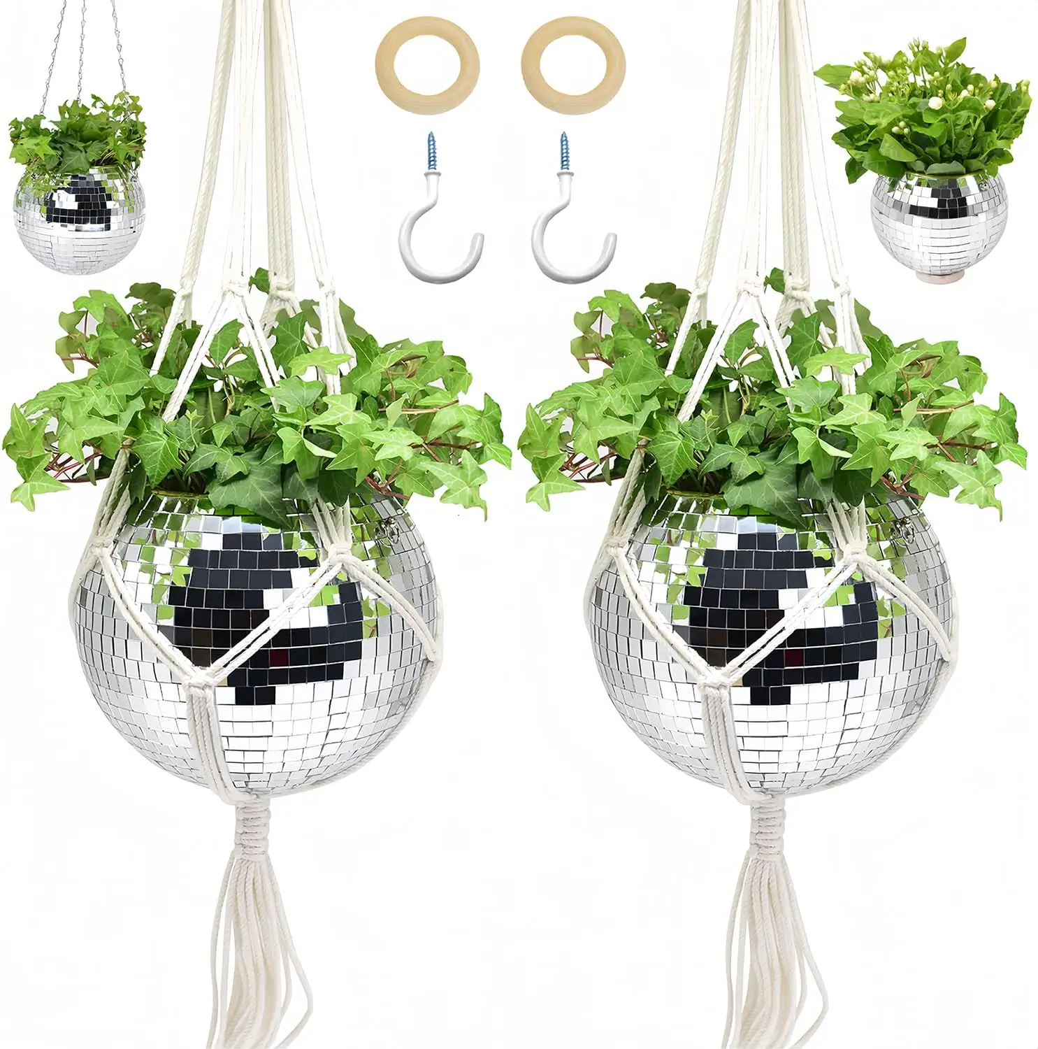 Glitter Bal Hangende Planter Met Ketting En Macrame Hanger Decoratie Voor Huis Vaas Gouden Rose Goud Diy Disco Ball Planter