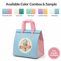 Pochette isotherme non tissée bleu poudré personnalisée en gros avec fermeture à rabat et sangle rose pour crème glacée