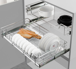 Solid Stainless Steel Modern <b>Pull</b> <b>Basket</b> with Double Water Tray for Hotel <b>Kitchen</b> Dining Dish Storage - Product Image 2