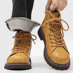 Bottes à lacets rétro 931163, embouts en coquille, tendance décontractée, bottes à semelle épaisse pour hommes, bottes à hauteur accrue, bottes de travail, grandes bottes jaunes - Product Image 1