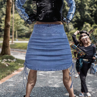 Jupe en jean délavé unie à volants et cordon de serrage pour femme, taille haute, coupe trapèze, anti-dérapante, coupe-vent, Printemps/Été/Automne