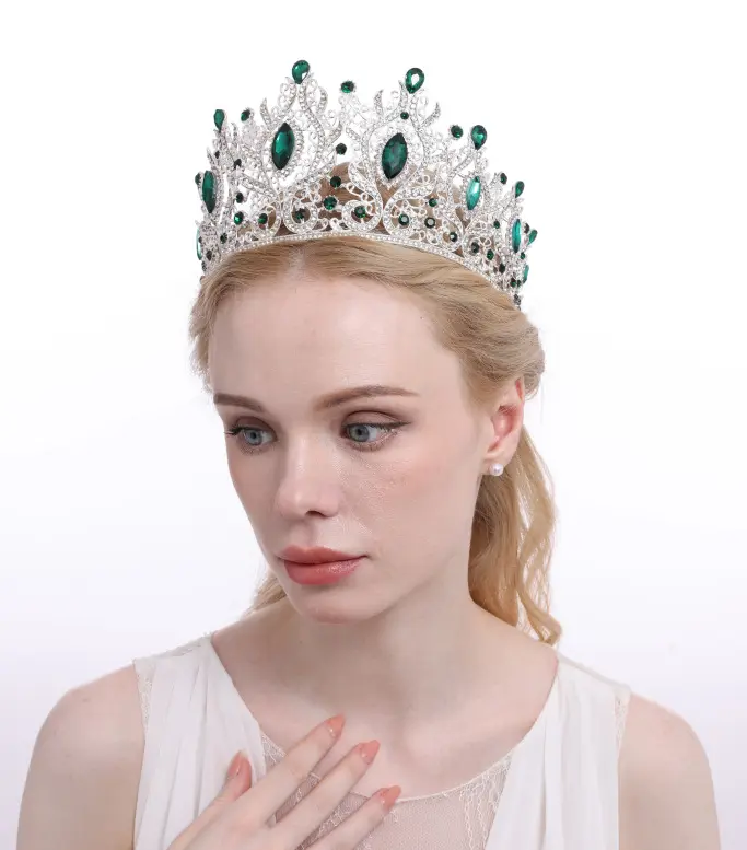 Top Quality Emerald Crystal Queen Crown Large Pageant Diamond Bride Crowns For Sale