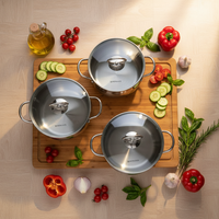Ensemble de casseroles de cuisine pour usage domestique en acier inoxydable poli avec couvercles en verre trempé, forme pomme, poignées rivetées, compatibles induction
