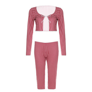 Bộ trang phục kẻ sọc dài tay áo Crop Top + quần Capris Eo Thấp Mùa Hè Mới quần short áo ngực có nút thắt mùa hè - Product Image 2