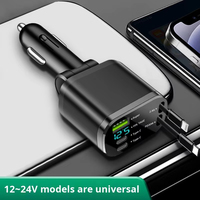 Pengisi Daya Mobil Kabel Retraktil 4 in 1 65W Pengisian Super Cepat dengan Layar Tampilan Tegangan untuk iPhone Samsung