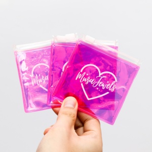 Luxury <b>Small</b> 6x6cm pink Pvc Holographic Plastic Zipper <b>Bag</b> with <b>White</b> logo for Jewels Jewelry Accessories Packaging Zip Pouch - Product Image 3