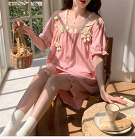 Ensemble de pyjama pour femme en tricot côtelé rose mignon, personnalisable, avec décoration florale 3D, col carré et bordure en dentelle à volants