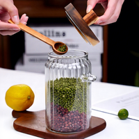 Bocal en verre borosilicate à nervures verticales avec couvercle en bois d'acacia et cuillère en bois, compatible micro-ondes, récipient de stockage alimentaire moderne