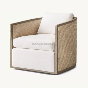Sillón Giratorio de Diseño Contemporáneo de Lujo, Estilo Minimalista Moderno, Respaldo de Ratán, Cómodo, de Tela, para Sala de Estar u Oficina en Casa - Product Image 1