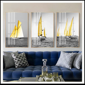 Quadro in Alluminio a Tre Pannelli con Barca a <span class=keywords><strong>Vela</strong></span> Dorata e Delfino, Paesaggio Marino per Soggiorno, <span class=keywords><strong>Hotel</strong></span>, Resort e Interni Costieri - Product Image 4