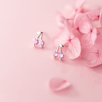 Schattige S925 zilveren roze zirkoon kersen oorhangers 925 sterling zilver dubbele kersen oorhangers