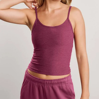 Débardeur de yoga pour femmes à bretelles spaghetti, avec logo personnalisé, bordure contrastante, sans manches, coupe ajustée, pour la gym et l'entraînement, en nylon et élasthanne, vêtement de sport