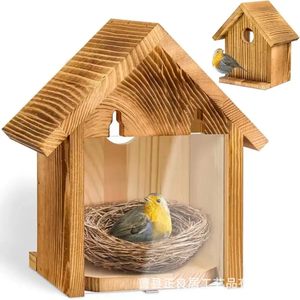 Casa de pájaros de madera para exteriores con ventana transparente, jaula colgante de madera maciza, nido para pájaros, rectangular, tamaño M - Product Image 2