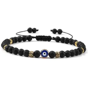Eviler Eye Bracelet 4mm Natural Black Matte Lava Stone Beads Handmade Braided Bracelet for Men Women Yoga Adjustable Jewel