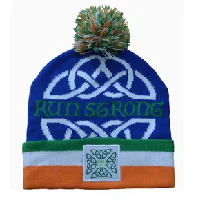 Berretto per cappello a cuffia pom in maglia jacquard invernale unisex promozionale personalizzato con toppa ricamata personalizzata