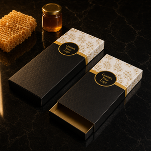 Scatola Pieghevole <span class=keywords><strong>di</strong></span> Lusso Personalizzata Nera e Oro, con Coperchio a Nido d'Ape Goffrato in Lamina d'Oro, Confezione Regalo per <span class=keywords><strong>Miele</strong></span> e Alimenti - Product Image 1