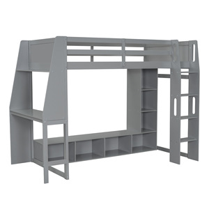 Children's <b>Bunk</b> <b>Bed</b> Multi Functional Combination <b>Bed</b> With Desk And Wardrobe Gray Solid <b>Wood</b> Frame Storage Bedroom Furniture - Product Image 5