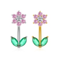 Cincin Pusar Wanita Grosir Motif Bunga Cantik, Barbell Lengkung Zirkon, Baja Tahan Karat 316L, Perhiasan Tubuh, Hadiah Fashion