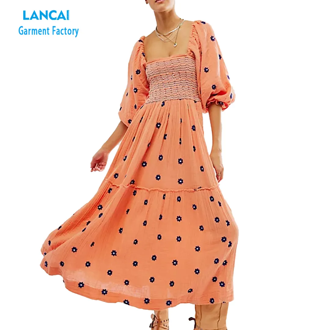 Custom Style Private Label High Quality Square Neck Ruffled Floral Maxi Long Dresses Women Lady Elegant