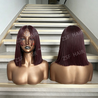 Perruque Bob sans colle 99J bordeaux avec frange, fermeture en dentelle 2x6, perruque en cheveux humains, installation facile, prête à porter, respirante pour l'été