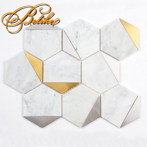 Hexagone Mosaïque Carreau Marbre Intégré Métal Mélange De Luxe Moderne Mur Dos Revêtement Intérieur Design Décor À La Maison Carrare Pierre - Product Image 2