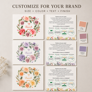 Cartes de remerciement avec motif couronne de roses aquarelle, cartes imprimées multi-floraux pour rappel de commentaires sur les commandes des petites entreprises - Product Image 6