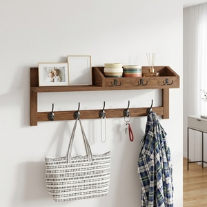Porte-manteau mural vintage en bois grainé avec 1 étagère, 5 crochets doubles et porte-clés pour l'entrée - Product Image 5