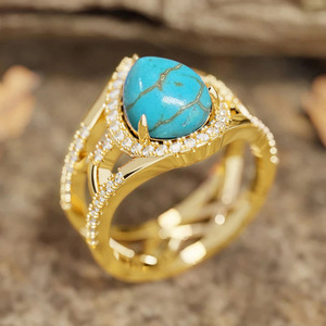 T0898 Women's 18K <b>Gold</b> Filled Cocktail <b>Ring</b> With <b>Turquoise</b> Water Drop Stone Pave Setting Round Brilliant Cut Diamonds Everyday - Product Image 6