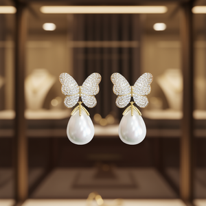 Orecchini Pendenti E3548 a Farfalla Dorata con Perla Barocca Bianca Coltivata di Grado AAA, Placcati in Oro, Gioielli di Lusso da Donna per Matrimoni - Product Image 2