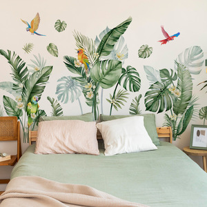 Cartone animato disegnato a mano <span class=keywords><strong>foglie</strong></span> tropicali e pappagallo decorativi in PVC autoadesivi da parete per soggiorno e camera da letto - Product Image 3