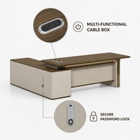 Meuble de bureau exécutif avec buffet en MDF E1 thermoformé, finition grain de bois foncé, ensemble de mobilier de bureau avec boîte à câbles à serrure à code