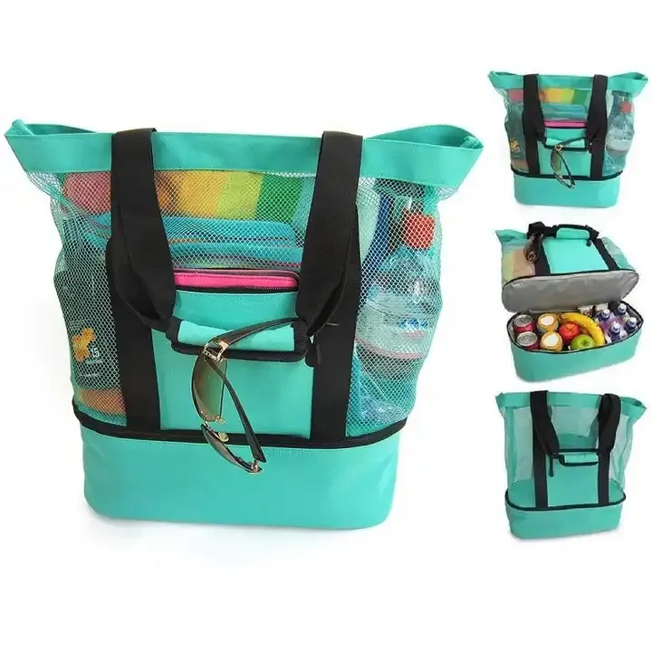 Foldable Multifunctional 2 in 1 Mesh Beach Tote Bag Bolso De Playa Insulated Cooler Travel Picnic Camping Handbags