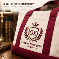 Sac fourre-tout en toile personnalisé avec broderie de blason, sac à main bordeaux avec poche avant pour l'université, les voyages et les trajets quotidiens