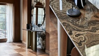 Table console en or de luxe |   Design moderne avec base en acier inoxydable titane et plateau en pierre frittée pour salon, villa, hôtel