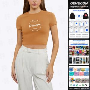 Vente <span class=keywords><strong>en</strong></span> gros de t-shirts courts d'été de haute qualité pour femme t-shirts personnalisés unis col <span class=keywords><strong>rond</strong></span> couleur assortie élastique couleur rétro - Product Image 1