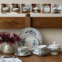 Service de vaisselle vintage en porcelaine bleue à motif végétal, assiettes rondes rétro à fleurs, compatibles micro-ondes, pour mariage et maison