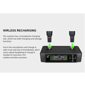Micrófono Dinámico de Conferencia Inalámbrico de Plástico, 2*100 Canales, Recargable, <span class=keywords><strong>Tecnología</strong></span> UHF PLL, Alcance de 50-60m, Luces LED - Precio Económico - Product Image 4