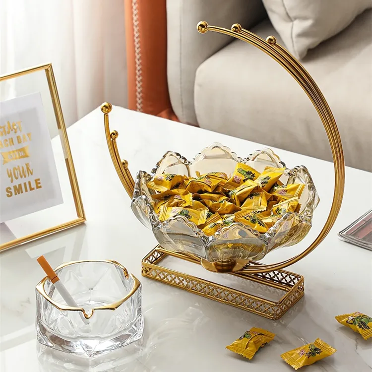 Home Decorative Golden Plated Metal iron and glass Serving candy tray insert crystal glass dry fruit iron serving tray