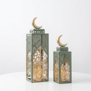 Faroles de Hierro Esmeralda para Ramadán con Diseño Moderno de Luna Creciente y Caligrafía Árabe para Decoración del Hogar - Product Image 2
