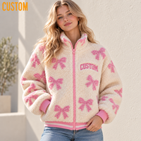 Veste en polaire Sherpa pour femme avec broderie de nœuds, appliqués, patchwork, surpiqûres, fermeture éclair intégrale, poignets et ourlet côtelés, manteau d'hiver