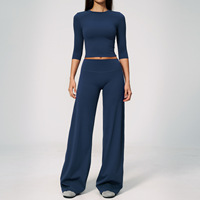 Haut court extensible à manches trois quarts et pantalon de yoga évasé à jambes larges pour femme, ensemble 2 pièces, tenue décontractée pour tous les jours, vêtements de sport