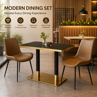 Ensemble de salle à manger rectangulaire, plateau de table noir avec bordure dorée, chaise rembourrée marron, fournitures pour hôtels, cafés, bistros et restaurants