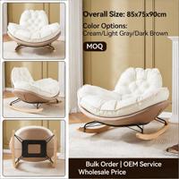Chaise à bascule moderne d'intérieur, dossier haut, marron foncé, tissu, acier, bois, réglable, intérieur/extérieur, comprend un pouf