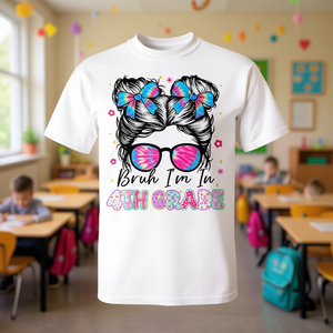 Camiseta de manga corta con estampado digital de cuello redondo unisex para niños de cuarto grado Messy Bun School Fun - Product Image 3