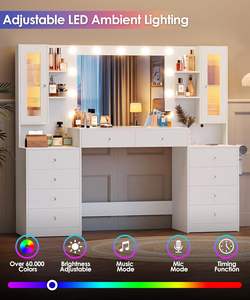 Tocador de Maquillaje Blanco de 10 Cajones WenFeng Factory OEM/ODM - Luz Regulable de Múltiples Ajustes, Estructura de Acero y Detalles en Vidrio - Product Image 4