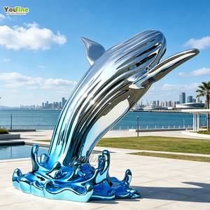 YouFine Escultura <span class=keywords><strong>de</strong></span> Ballena Grande <span class=keywords><strong>de</strong></span> Acero Inoxidable Pulido a Espejo, Diseño <span class=keywords><strong>de</strong></span> Ballena Sirena Saltando, Decoración Artística Pública para Jardín, Parque y Paisajismo Exterior - Product Image 1