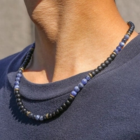 Collar de Cuentas Naturales de Ágata Negra y Piedra Volcánica con Puntos Azules, Venta al Por Mayor de Fábrica, Primavera-Verano